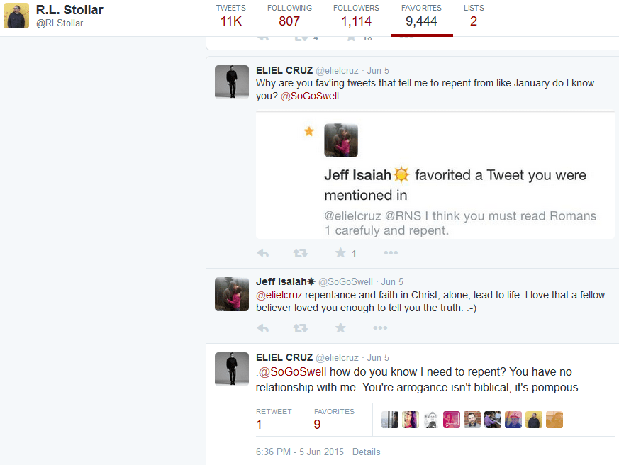RL Stollar -fav anti-gospel tweet -as Jeff Isaiah is sharing gospel
